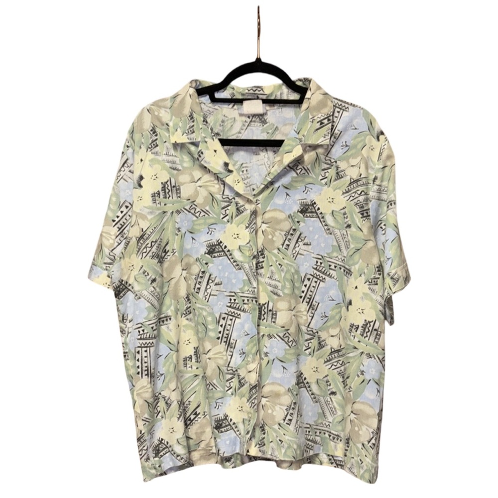 Blair Floral Short Sleeve Button Down - Blue, Green & Yellow - Size XL